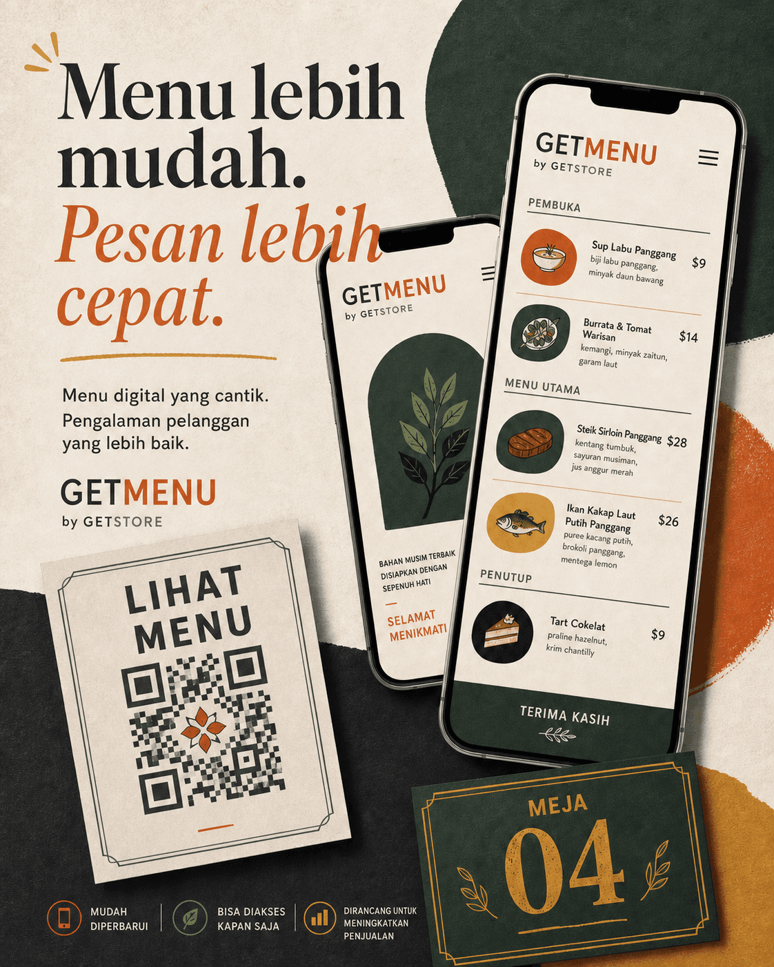 Materi Instagram GetMenu berbahasa Indonesia yang menampilkan QR code meja dan halaman menu di ponsel